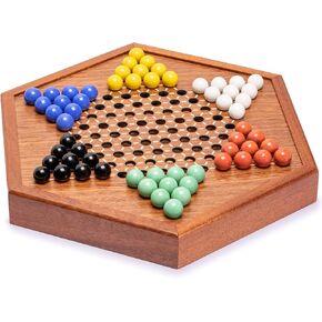 Wooden Chinese Checkers Halma Board Game Set - 12.7 Inches - with Drawers and Glass Marbles - Made by Yellow Mountain Imports