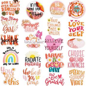 Jongdari 20pcs Positive Affirmations Iron on Patches, Pink Cute Teens Boho Positive Quotes Embroidered Girly Trucker Hat Sew on Applique Patches for Bags Clothes Jackets