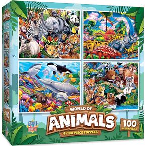 MasterPieces – Jigsaw Puzzle Set for Kids 6+ Years, 4-Pack of 100 Pieces, Educational and Fun Game, World of Animals Collection, Gift Idea for Children, 8" x 10