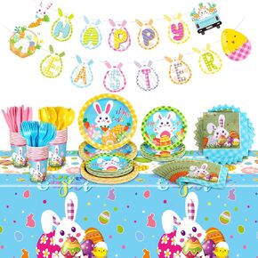 171 Pcs Happy Easter Party Supplies Disposable Easter Tableware Set with Bunny Colorful Eggs Plates Napkins Cups Banner Plastic Tablecloths for Easter Spring Holiday Party Decoration Serve 24