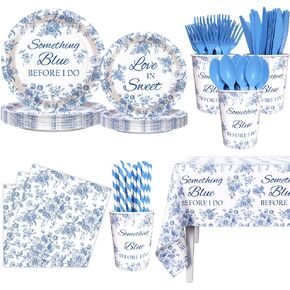 Something Blue Bridal Shower Decorations Bridal Shower Party Favors for 24 Guests Blue and White Floral Plates and Napkins Blue Flower Plates Disposable Tableware Set for Wedding Engagement