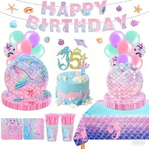 Mermaid Party Decorations, Mermaid Birthday Supplies Serve 24, Includes Plates, Napkins, Cups, Banner, Tablecloth, Balloons and Cake Topper for Girls Birthday Party 5 years 2025