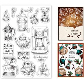 GLOBLELAND Vintage Coffee Tools Clear Stamps Retro Coffee Bean Cup Silicone Clear Stamp Seals for Cards Making DIY Scrapbooking Photo Journal Album Decoration