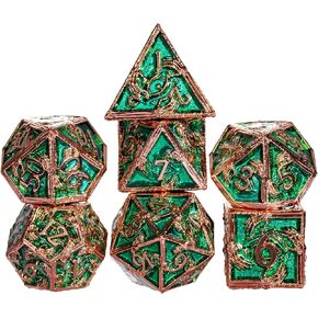 Metal UFO Dice Set, 7 Die Metal Polyhedral Dice Set for DND Dungeons and Dragons Role Playing Games,with Skull Bag.(Ancient Gold)