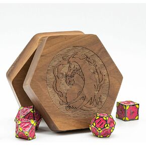 Udixi الخشبية DND DICE BOX DICE DICE مع غطاء مغناطيسي لتخزين 7-DIE الحجم القياسي DICE D&D (نمط التنين السداسي)