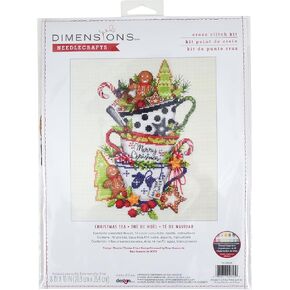 Dimensions 70-09625 Christmas Tea Holiday Counted Cross Stitch Kit, 8" x 10", 14 Cnt. Ivory Aida, 4 Pieces