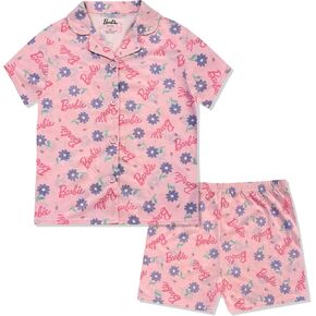 Barbie Girls Pajama Set - 2 Piece Cozy Girls Pjs with Button Down Short Sleeve & Shorts For Kids - Official Product