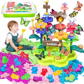 Flower Garden Sensory Bin Toys for Toddlers Kids Age 3-6, 51 PCS Garden Building Blocks, 2.2lbs Sensory Play Sand, 10 Sandbox Toys, Garden Play Set, Preschool Learning Toys Gifts for Boys Girls