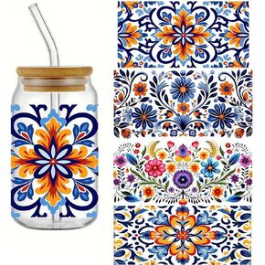 5pcs Mexican Flowers UV DTF Cup Wraps Winter UV DTF Transfer Waterproof Sticker for Glass Cups Furniture Craft DIY Crafts，Rub on Transfer Stickers for DIY Water Bottle Laptop Decal Wood Car