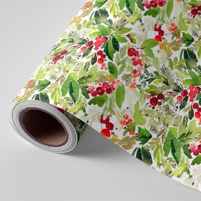 JarThenaAMCS Christmas Holly Wrapping Paper -Mini Roll- 17 Inch x 32.8Ft Vintage Red Berries with Green Leaves Watercolor Gift Wrap Paper Xmas Art Paper for Wedding Birthday Party DIY Crafts