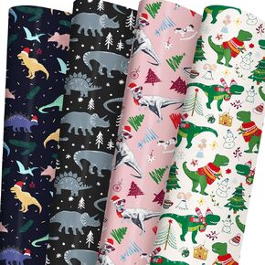 Dinosaur Christmas Wrapping Paper Sheets for Boys Girls Kids - Colorful Dinosaurs, Santa Hats and Christmas Tree Designs - Gift Wrap for Birthday, Baby Shower, Holiday - 6 Sheets, Each 28 x 40 Inches