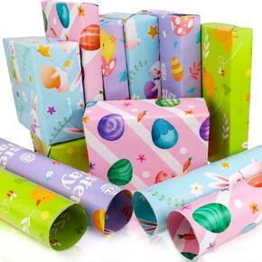 Konsait Easter Wrapping Paper Fold Flat Large Sheet Easter Day Easter Gift Wrapping Paper Decorations Eggs Rabbits Great for Spring Time Easter Party 4 Different Designs 27 x 20 inches - 12 Sheets