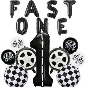 Race Car 1st Birthday Party Balloons,Fast One Letter Banner Balloon 40 Inch Racetrack Number Balloon 1 Black for Boys 1st Birthday Decorations,Race Car Theme Party Decorations Supplies 16 Pcs Set