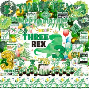 Dinosaur 3rd Birthday Decorations for Boys, 132Pcs Three Dino Rex Dinosaur Party Decor Supplies - Backdrop, Banner, Tablecloth, Centerpieces, Temporary Tattoos, Fans Pompoms, Wall Signs