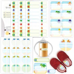 QIVIP Assorted Multi Purpose Name Labels - Waterproof Dishwasher Microwave Safe Self-Laminating Write-On School and Daycare Name Stickers (Sea Animals 84pcs)