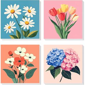 RICUVED Paint by Number for Adults Framed Canvas, 4 Pack Paint by Number Kits Flowers Arts and Crafts for Beginner, Easy DIY Daisy Tulip Hydrangea Acrylic Oil Painting Number Kit for Home Decor(8X8in)