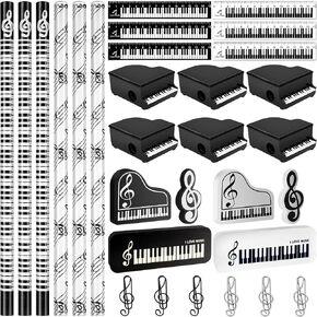 30 PCS Music Party Party Tet مجموعة القرطاسية بما في ذلك الملاحظات الموسيقية أقلام محو محو Paper Clips Piano Revers و Pencil Sharpeners للطلاب الذين يعودون إلى هدايا المدارس ولوازم الفصول الدراسية