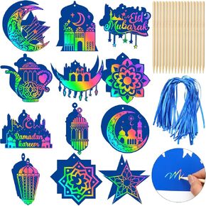 96 Pcs Ramadan Scratch Paper Art Kits Eid Mubarak Magic Color Scratch Off Cards Hanging Ornaments Craft Al Fitr Party Home Activity DIY Drawing Project Supplies(Blue)