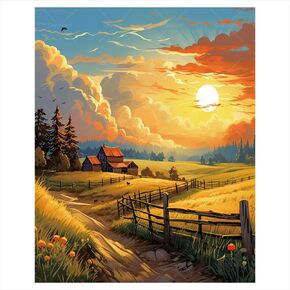 Sunset Farm Paint بواسطة أرقام أرقام للبالغين-المناظر الطبيعية DIY على قماش 16 × 20 بوصة ، مجموعة الطلاء من طلاء البالغين من أجل المبتدئين ، مجموعة فنية ذات مناظر خلابة للديكور المنزلي أو الهدايا