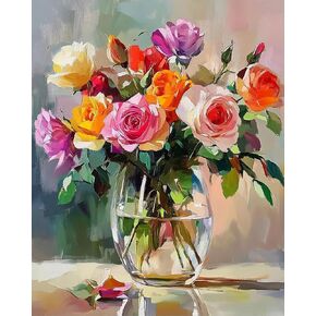 Different Color Vivid Roses Paint by Number DIY Oil Canvas Painting, Rose Paint by Number for Adults, Rose-vase Landscape for Gift, Flower Home Bedroom Wall Decor Floral Still Life(16x20Inch)