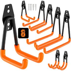 QcoQce 12 Pack Garage Hooks Heavy Duty with 2 Extension Cord Straps,Garage Storage Hooks, Wall Mount Hooks, Garage Organization and Tool Hangers for Bike, Ladder, Ropes and Garden Tools(Orange)