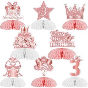 JOYMEMO 8Pcs Rose Gold 3rd Birthday Honeycomb Centerpieces, Little Miss Threenager Birthday Decorations Girl, Gold Glitter Crown Star Printed Table Topper Decor for 3 Year Old Birthday Party