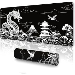 UJoowalk Japanese Dragon Large Gaming Mouse Pad, Black Mouse Pad Gaming 31.5 x 11.8 in, Large Desk Mat, Keyboard Mousepad with Non-Slip Base Stitched Edge for Desk Home Office