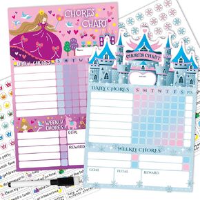 2 Packs Unicorn and Princess Magnetic Chores Chart for Kids Multiple Kid- with 52 Static Tasks, 126 Rewards Stickers, One Week Dry Erase Chore Chart for School or Housework, Reward Chart for Kids