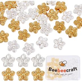 Beebeecraft 1 Box 50Pcs Flower Beads 18K Gold Plated Brass Loose Beads 0.5mm Hole Flower Spacer Beads Loose Beads Findings for DIY Bracelet Necklace Jewelry Making