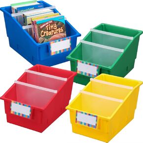 Really Good Stuff Large Plastic Book Organizer Bins - 4 Pack - Classroom Storage and Organization for Labeled Books and Supplies - Multi-Purpose Storage Bins with Dividers