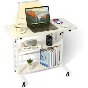 BYMECOST Adjustable Height Student Computer Desk with Foldable LED Desk Lamp, Mobile Laptop Table for Home Office, 31.5" Small Spaces Standing Desk on Wheels with Storage for Bedside Sofa