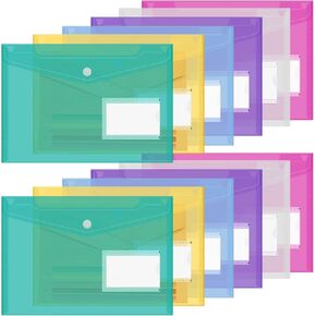 A5 A5 Plastic Enversions ، ClassyCoo 12 Pack A5 File Pluders Clear Poly Pollings ، منظمي مجلدات المستندات مع زر SNAP لأدوات القرطاسية المستندات (Multicoloured-2)