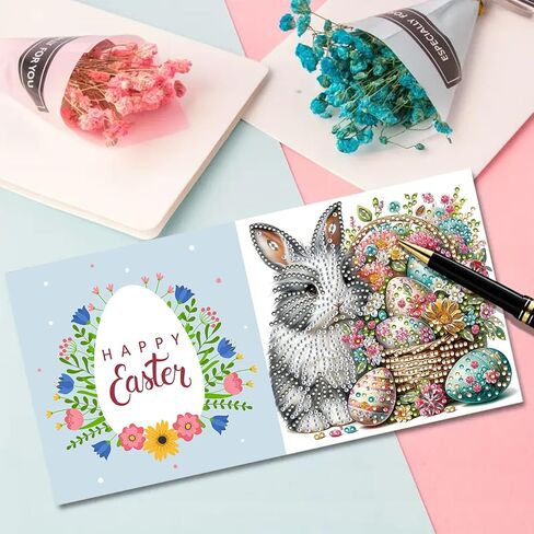 6Pcs DIY Folding Greeting Card Easter Diamond Art Painting Creative Design Foldable Thank You Cards Blessing Greeting Card Set for Birthday Festival Crafts Gift-Bunny Easter Eggs01 in Kuwait
