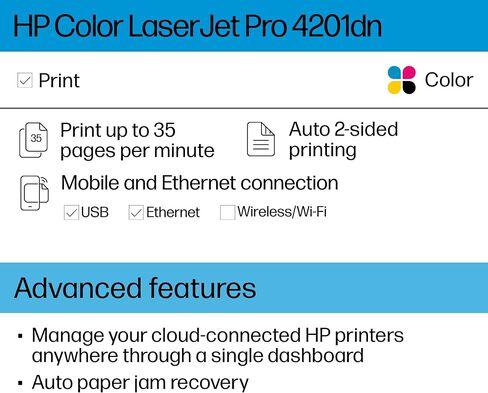 HP Color LaserJet Pro 4201dn Printer, Print, Fast speeds, Easy setup, Mobile printing, Advanced security, Best-for-small teams. Ethernet & USB only. Not Wireless. White in Saudi Arabia