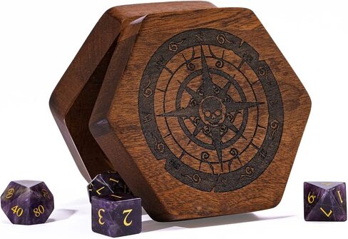 UDIXI Wooden DND Dice Box with Magnetic Lid for Storage Set of 7 Polyhedral Dice, Hexagonal D&D Dice Box with Compass and Skull Pattern Compatible with Dungeons & Dragons Players, Dungeon Master in Kuwait