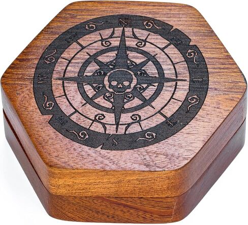 UDIXI Wooden DND Dice Box with Magnetic Lid for Storage Set of 7 Polyhedral Dice, Hexagonal D&D Dice Box with Compass and Skull Pattern Compatible with Dungeons & Dragons Players, Dungeon Master in Kuwait