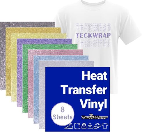 TECKWRAP Glitter Heat Transfer Vinyl Sheets, 17 Assorted 12" x 10" Glitter HTV Vinyl Sheets for T-Shirts, Bags, and More, Glitter Iron on Vinyl Suitable for Most Cutter Machine, Easy to Cut & Weed in Kuwait