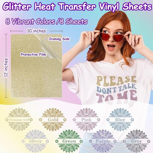 TECKWRAP Glitter Heat Transfer Vinyl Sheets, 17 Assorted 12" x 10" Glitter HTV Vinyl Sheets for T-Shirts, Bags, and More, Glitter Iron on Vinyl Suitable for Most Cutter Machine, Easy to Cut & Weed in Kuwait