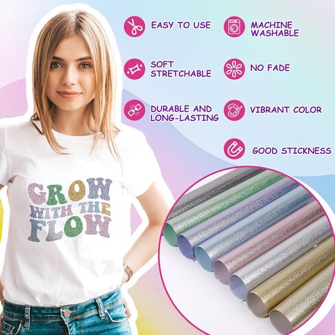 TECKWRAP Glitter Heat Transfer Vinyl Sheets, 17 Assorted 12" x 10" Glitter HTV Vinyl Sheets for T-Shirts, Bags, and More, Glitter Iron on Vinyl Suitable for Most Cutter Machine, Easy to Cut & Weed in Kuwait