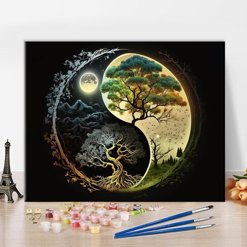Yin Yang Eye Paint by Numbers Tree and Moon Paint by Numbers Kit for Adults Landscape DIY Paint by Numbers for Adults Home Wall Decoration Flameless Oil Painting Kits 16x20 Inch Without Frame in Kuwait