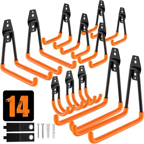 QcoQce 12 Pack Garage Hooks Heavy Duty with 2 Extension Cord Straps,Garage Storage Hooks, Wall Mount Hooks, Garage Organization and Tool Hangers for Bike, Ladder, Ropes and Garden Tools(Orange) in Saudi Arabia