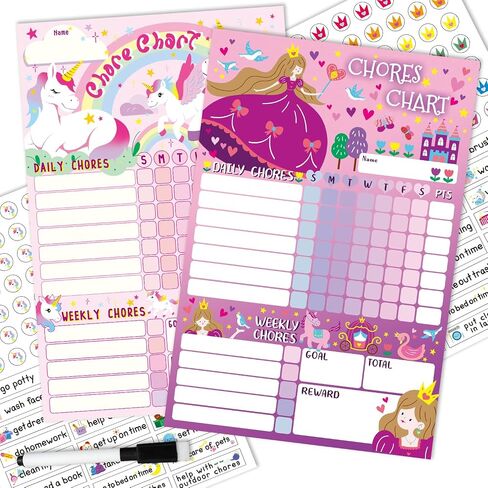 2 Packs Unicorn and Princess Magnetic Chores Chart for Kids Multiple Kid- with 52 Static Tasks, 126 Rewards Stickers, One Week Dry Erase Chore Chart for School or Housework, Reward Chart for Kids in Saudi Arabia