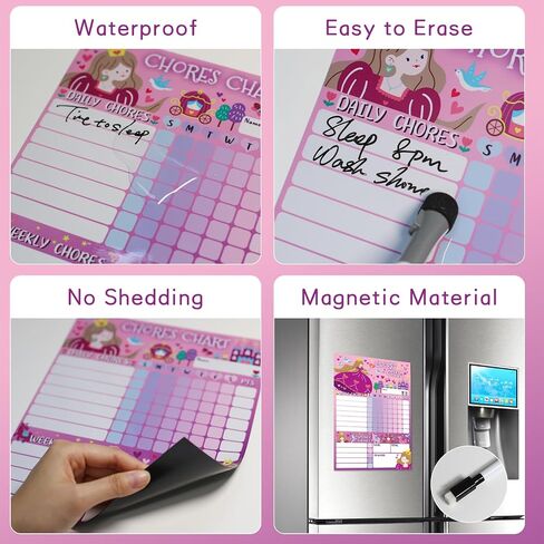 2 Packs Unicorn and Princess Magnetic Chores Chart for Kids Multiple Kid- with 52 Static Tasks, 126 Rewards Stickers, One Week Dry Erase Chore Chart for School or Housework, Reward Chart for Kids in Saudi Arabia