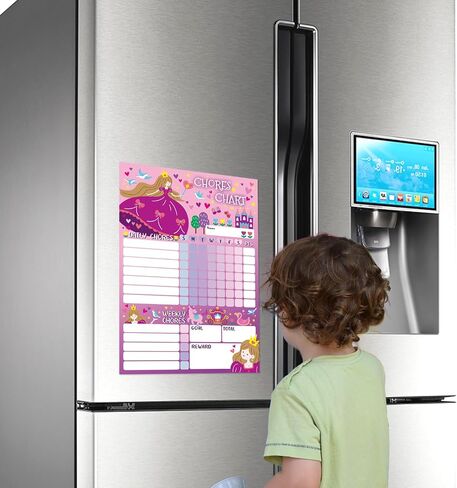 2 Packs Unicorn and Princess Magnetic Chores Chart for Kids Multiple Kid- with 52 Static Tasks, 126 Rewards Stickers, One Week Dry Erase Chore Chart for School or Housework, Reward Chart for Kids in Saudi Arabia