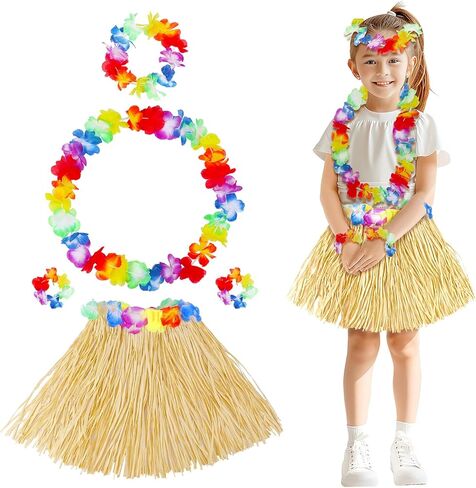 Fortuning's JDS Girl's Hawaiian Hula Grass Skirt with Flowers Costume Set Raffia Skirt for Luau Tropical Beach Party in Kuwait