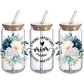 Christian Bible Verse UV DTF Glass Cup Wrap Transfer -Christian Gifts for Women,Bible Wildflowers Sublimation Design UVDTF can Glass, I am Strong Bible Waterproof Decal for 16oz Glass Cups, 3PCS