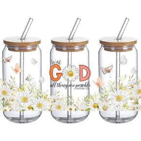 Christian Bible Verse UV DTF Glass Cup Wrap Transfer -Christian Gifts for Women,Bible Wildflowers Sublimation Design UVDTF can Glass, I am Strong Bible Waterproof Decal for 16oz Glass Cups, 3PCS