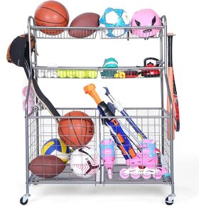 Sports Organizer for Garage, Garage Sports Equipment Organizer, Garage Toy Storage, Nerf Gun Storage Rack, Storage Organization on Wheels for School, Garage, Steel (Grey)