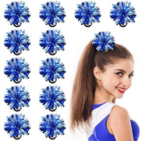 12 Pieces Metallic Pom Poms Hair Ropes for Cheerleading Cheering Elastic Hair Ties Party Costume Pompoms Ponytail Holder for Cheers Team Ball Dance Basketball Game Outdoor Activities