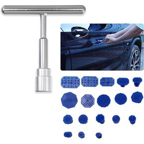 Pack-19 Car Dent Repair Puller with Suction Cup Tools, 4.7" x 3.7" Durable Metal Vehicle Repair Accessories, Universal T-Shape Automotive Body Puller Ki for Truck SUV Car (Silver & Blue)